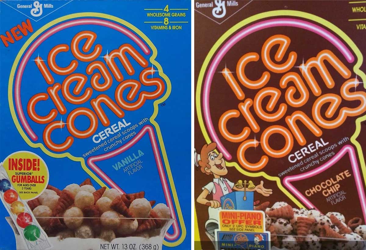 Two cereal boxes of Ice Cream Cones by General Mills. The left box boasts a vanilla flavor with its whimsical blue design, while the right flaunts a chocolate chip flavor in brown.