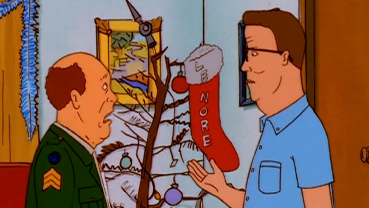 King of the Hill Christmas episode - Hank Hill is confronting Bill in front of a dead Christmas tree in Bill's home. 