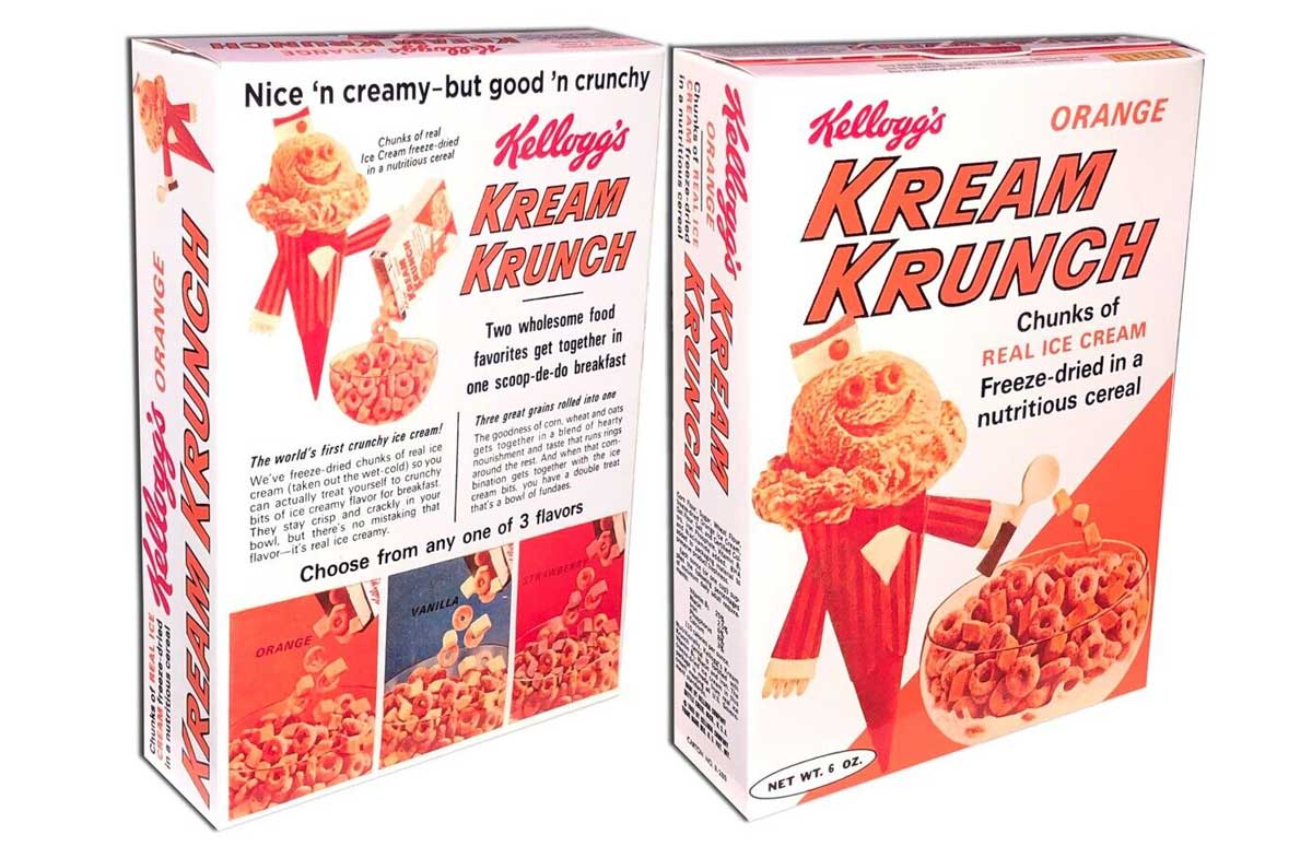 Two boxes of discontinued breakfast cereals, Kelloggs Kream Krunch orange, boast real ice cream chunks. The front features a smiling character with a cereal bowl, and the side highlights product features and flavor options, emphasizing a creamy breakfast idea.