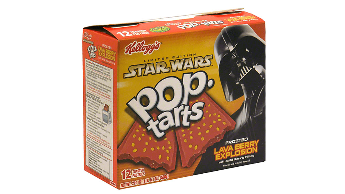 A box of Kelloggs limited edition Star Wars Pop-Tarts featuring Darth Vader. The flavor is Frosted Lava Berry Explosion, with red frosted pastry shown on the box. Contains 12 toaster pastries.