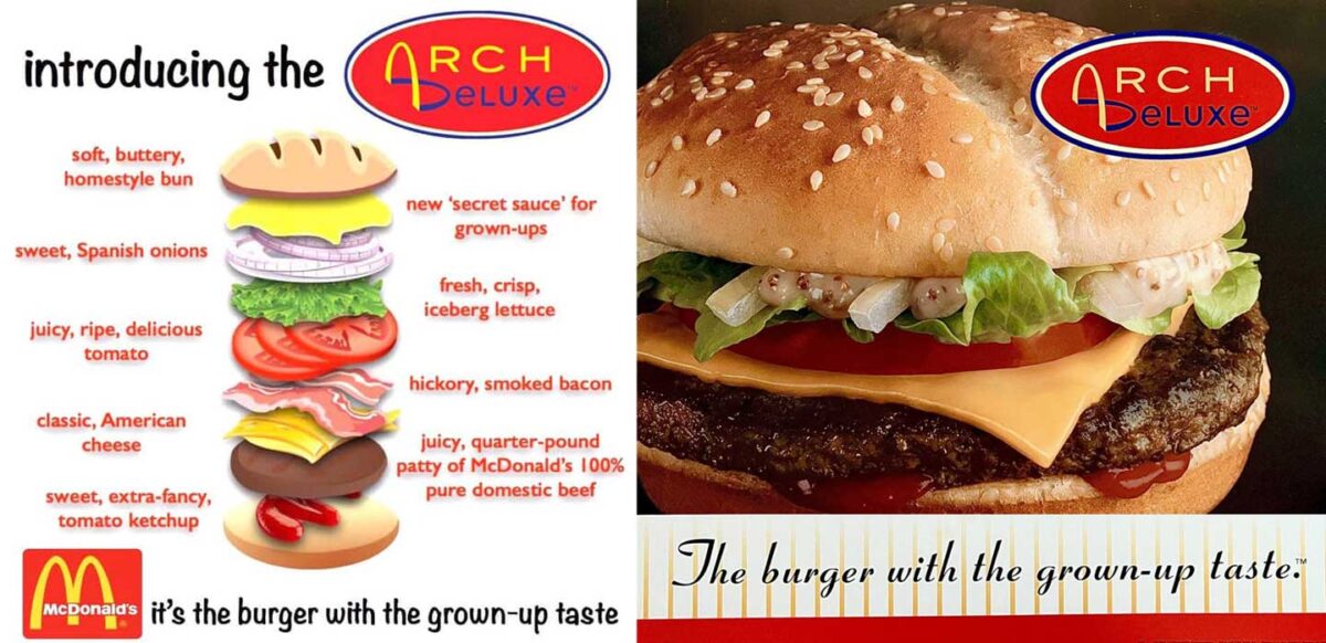 Discontinued McDonald's menu items - Arch Deluxe. Left panel is an illustrated breakdown of all the ingreients, on the right is a advertising image for the Arch Deluxe