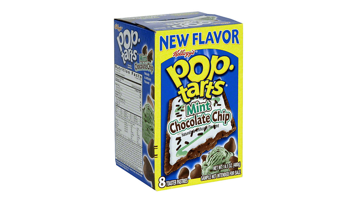 Box of Kelloggs Pop-Tarts featuring a new mint chocolate chip flavor. The box shows an image of the frosted pastry with chocolate chips and mint filling. Contains 8 toaster pastries, with nutritional information on the side.