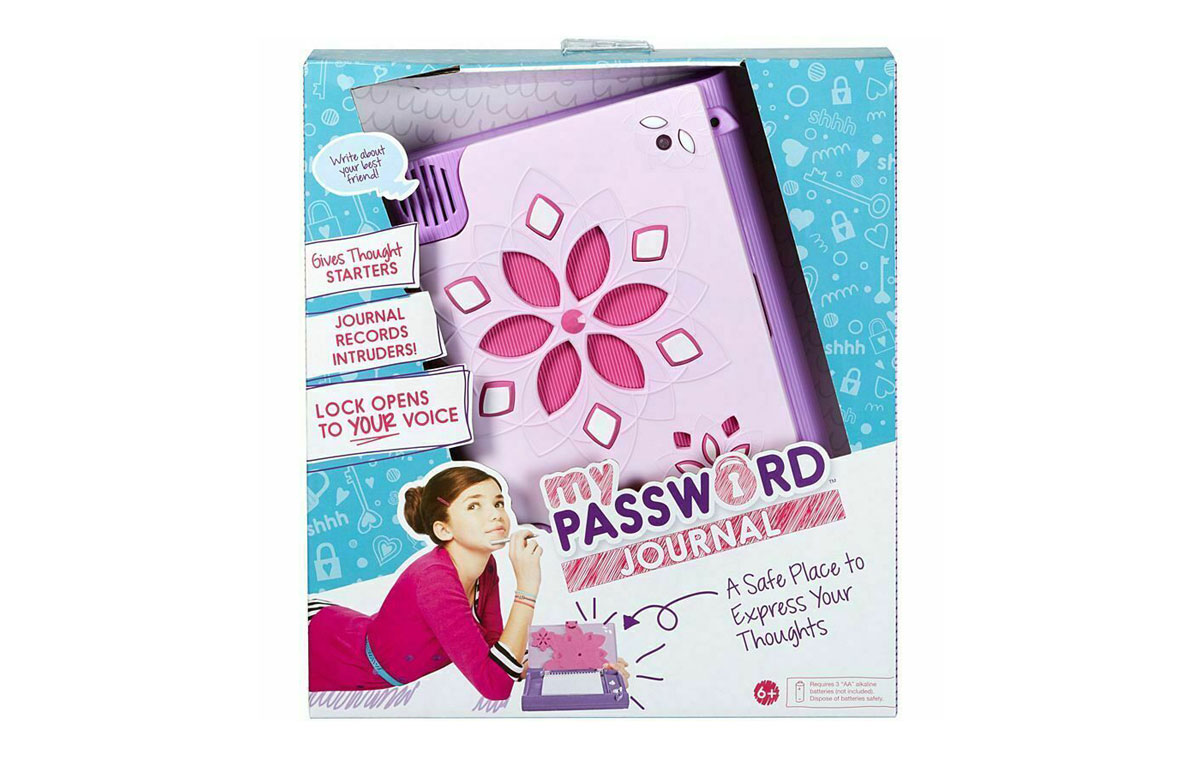 Box of My Password Journal, featuring a purple cover with a floral design. The package highlights features like thought starters, voice-activated lock, and a safe place for thoughts. A young person is pictured using the journal.