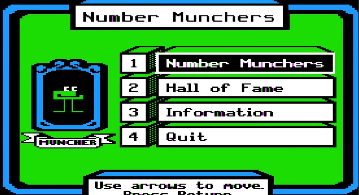 Opening screen to the 1986 computer game, Number Munchers