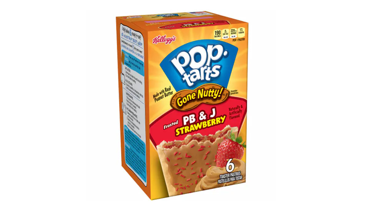 Box of Pop-Tarts Gone Nutty! featuring PB & J Strawberry flavor. The packaging highlights peanut and strawberry filling with a picture of the pastry, showing sprinkled topping, and includes nutrition facts on the side. Contains six pastries.