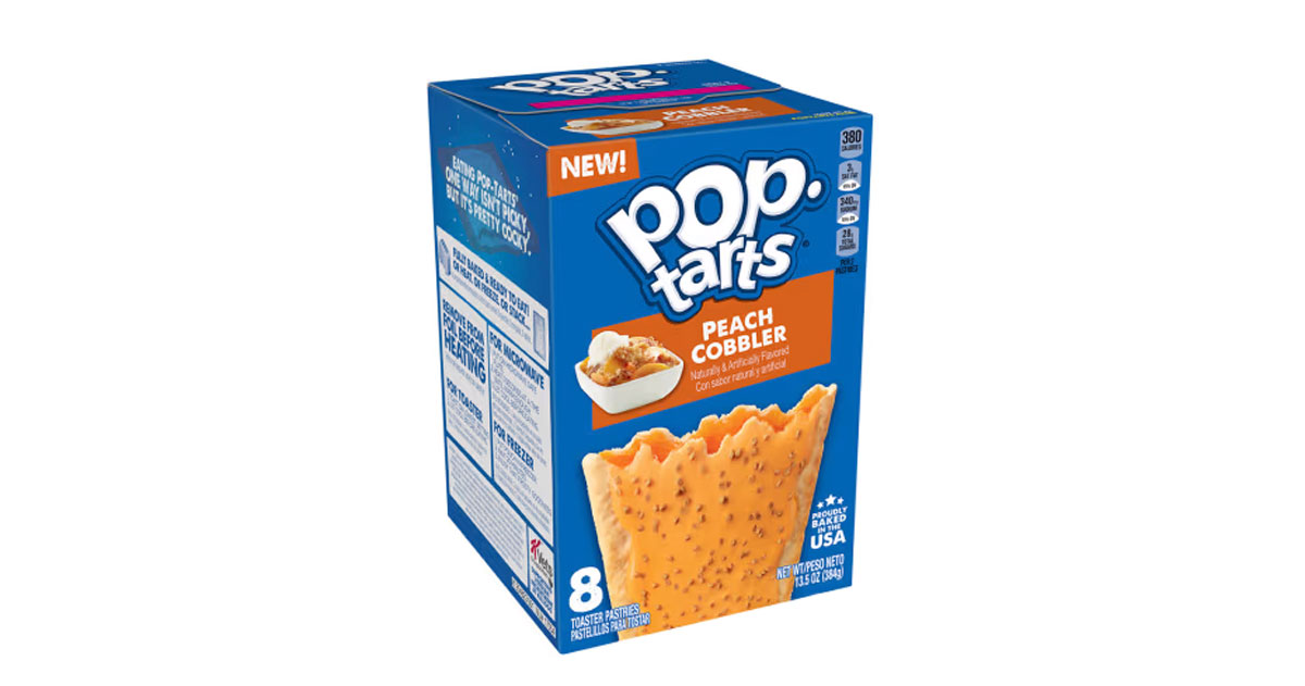 A box of Pop-Tarts featuring the Peach Cobbler flavor. The packaging is blue and orange, showing the pastry and a dish of peach cobbler. It contains 8 pastries and highlights 380 calories per serving on the top corner.