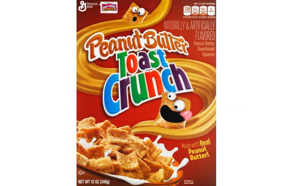 Box of Peanut Butter Toast Crunch cereal, featuring vibrant letters and cartoon toast characters.