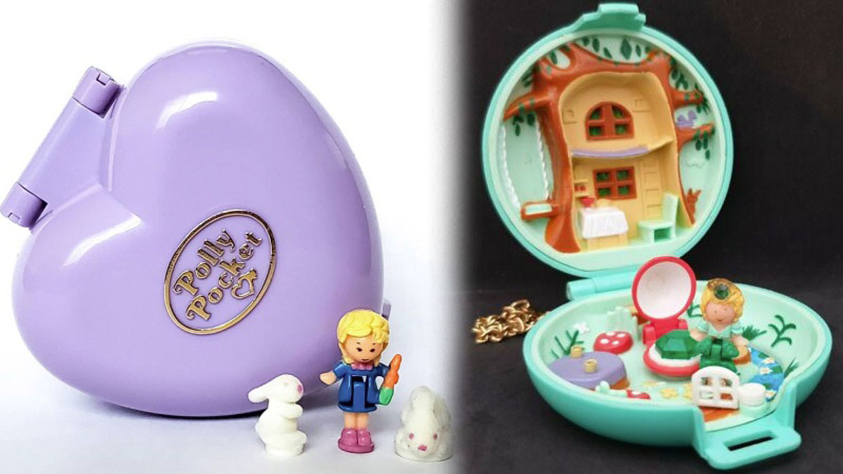 The image shows two Polly Pocket toys. On the left is a closed, heart-shaped purple compact with the Polly Pocket logo. On the right, an open compact shows a miniature forest scene with small figurines, including a person and a rabbit.