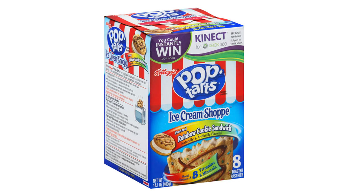 Box of Kelloggs Pop-Tarts in Frosted Rainbow Cookie Sandwich flavor. The box is colorful, with promotional text about a chance to win a Kinect for Xbox 360. Contains 8 toaster pastries, enriched with vitamins and minerals.