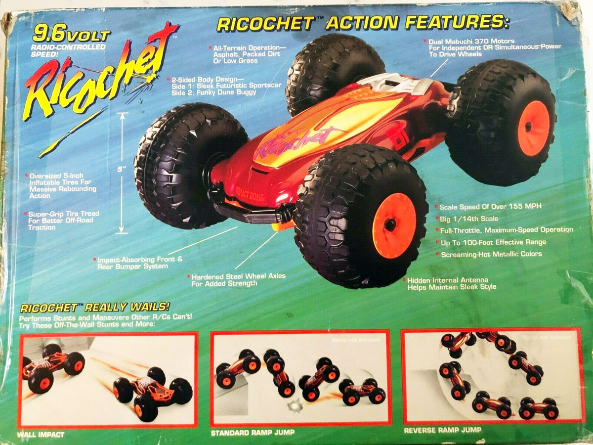 A vintage box of a Ricochet remote control car showcasing its features. The car is red with large wheels, and the box highlights its abilities like wall impact and ramp jumps with respective images and descriptions.