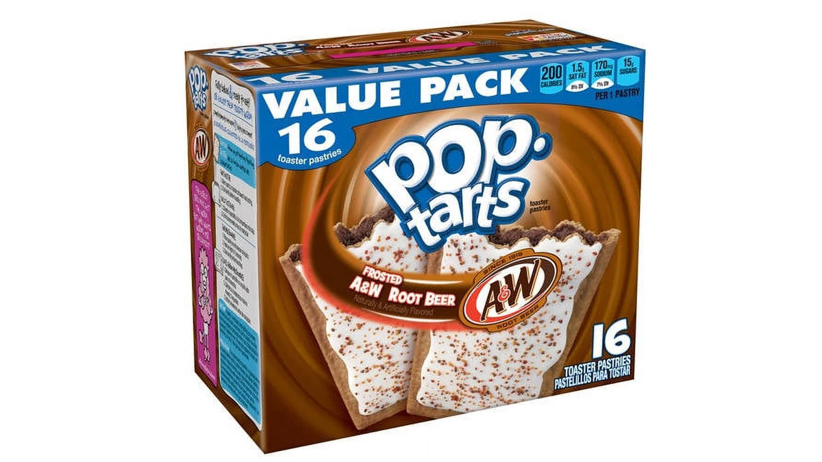 Box of Pop-Tarts featuring A&W Root Beer flavor. The packaging shows an illustration of two toaster pastries with frosting and sprinkles. The value pack contains 16 pastries.
