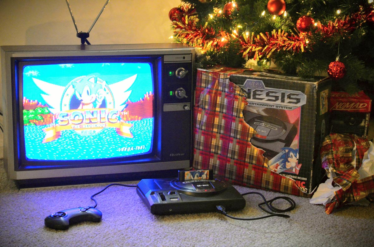 Christmas tree, Sonic The Hedgehog, and a Sega Genesis