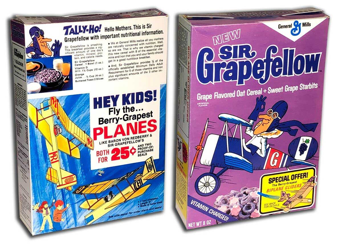 Front and back of a box of Sir Grapefellow cereal from General Mills. One box highlights nutritional information with a focus on blueberry flavor, while the other showcases a pilot theme and special offer for biplane gliders, emphasizing grape and berry flavors.