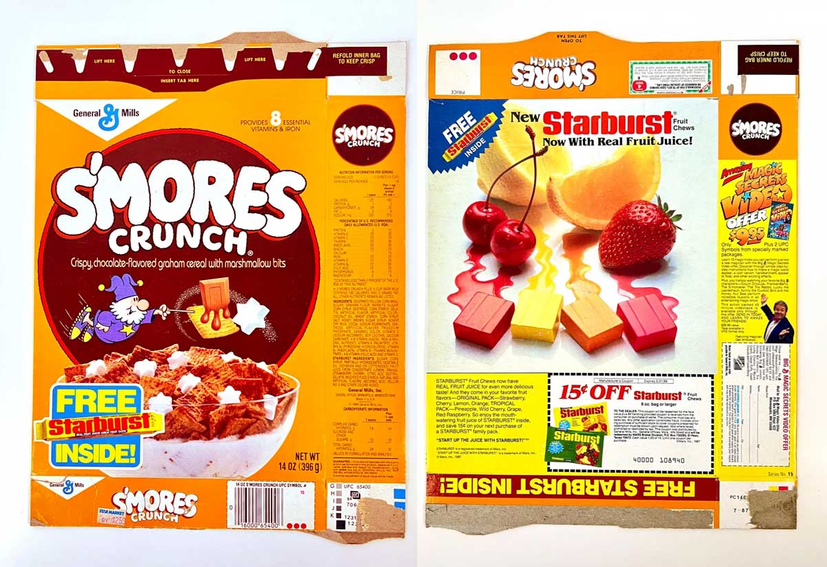 Front and back of a vintage SMores Crunch cereal box featuring a bowl of cereal with marshmallows. Includes a cartoon bear mascot and a promo for free Starburst inside. Nutritional info and a coupon for Starburst are also visible.