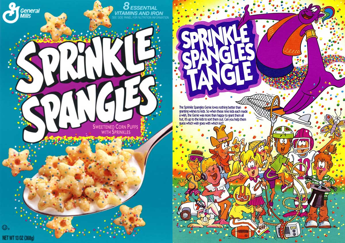 A colorful cereal box featuring Sprinkle Spangles. The front shows star-shaped cereal pieces with sprinkles. The back displays cartoon characters, including a purple mascot, engaging in fun activities against a vibrant sprinkle background.