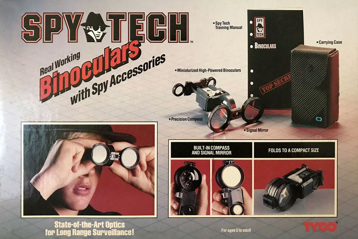 A retro-style advertisement for Spy Tech binoculars and accessories. Features a person looking through binoculars and showcases items like a compass and signal mirror. Text highlights the precision and compact functionality of the products.