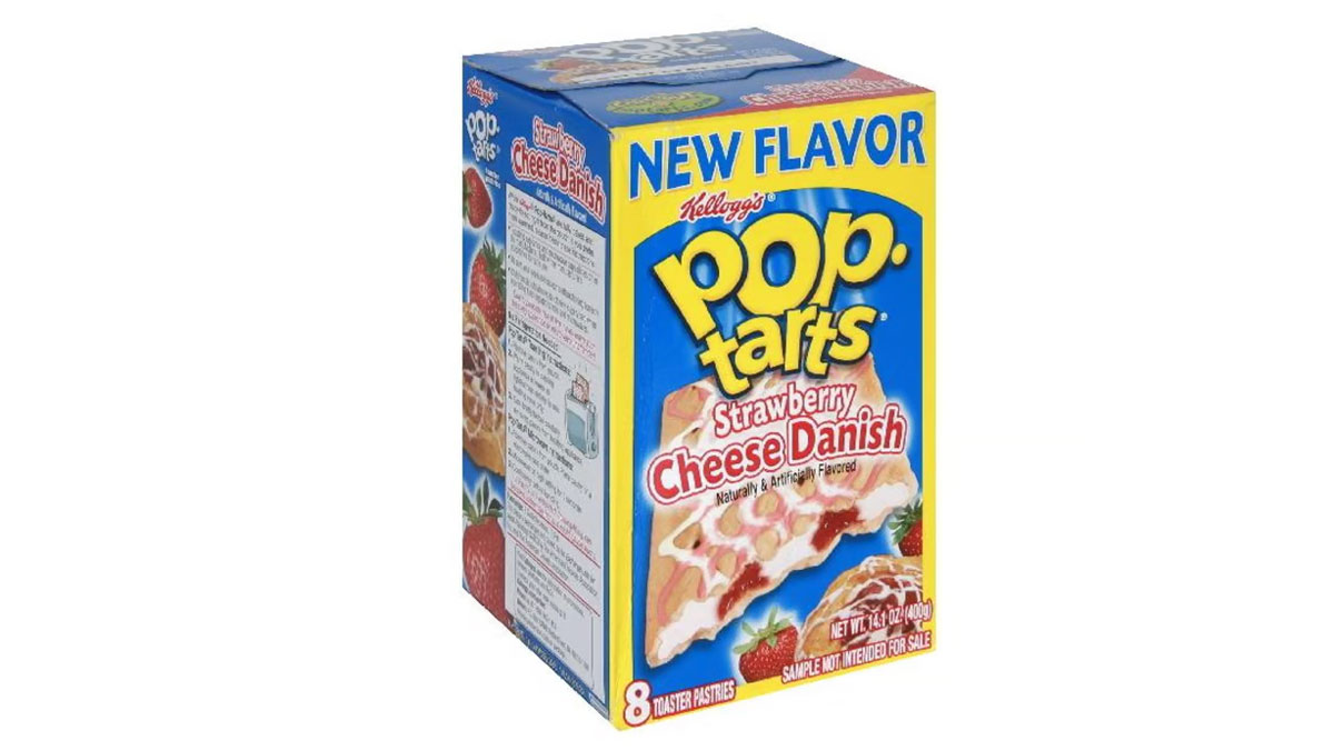 A box of Kelloggs Pop-Tarts featuring a new flavor: Strawberry Cheese Danish. The box is predominantly blue with images of the pastry on the front. It contains 8 toaster pastries.