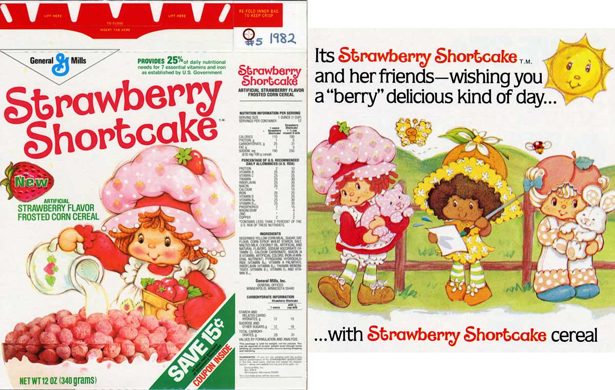 A vintage cereal box featuring Strawberry Shortcake and her friends in a garden scene highlights the now-discontinued breakfast cereal. The text promotes its strawberry flavor, offering a berry delicious day. Bright, colorful illustrations adorn this nostalgic packaging.