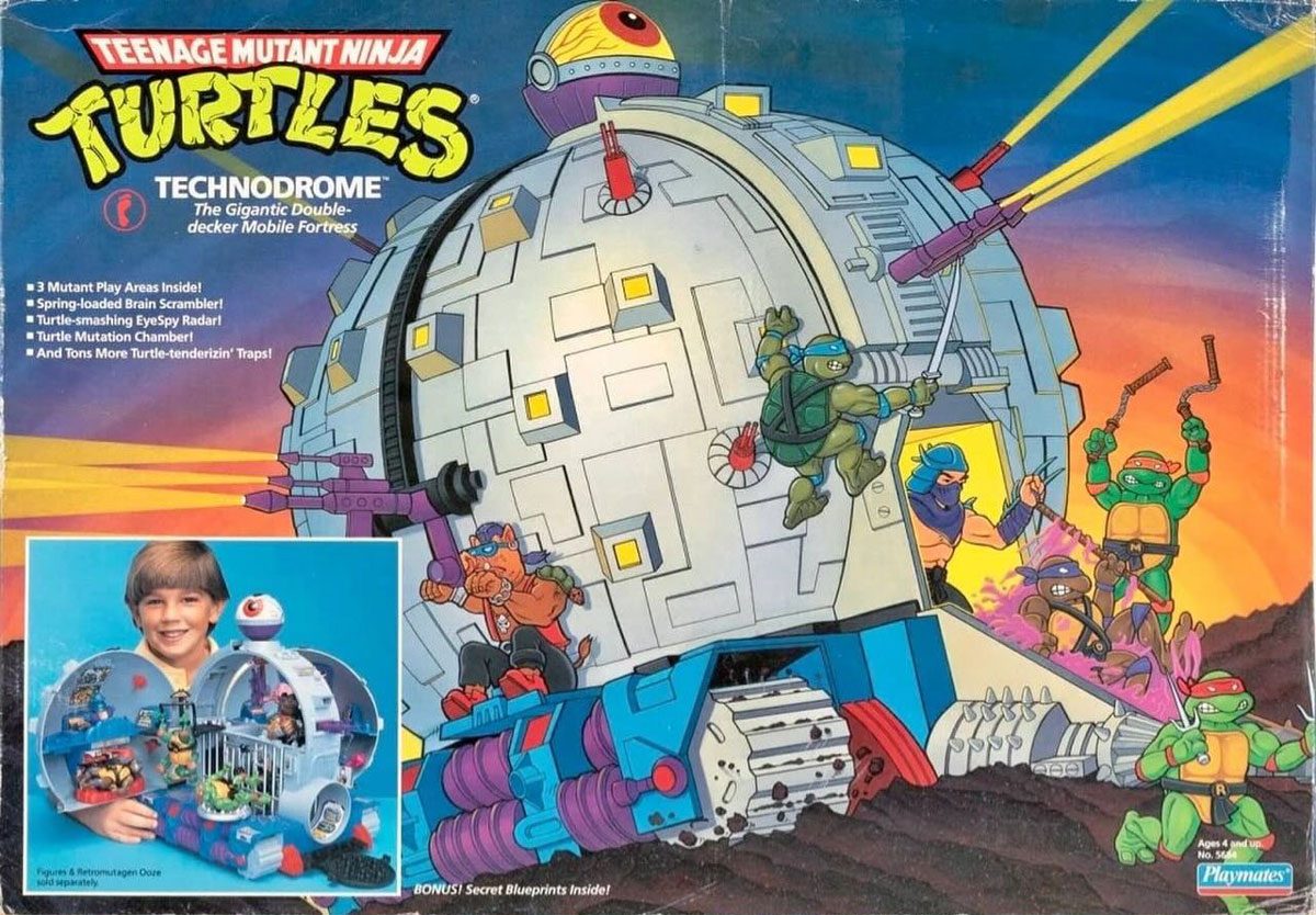 Illustration of the Teenage Mutant Ninja Turtles battling on the Technodrome, a large spherical fortress. The box showcases action scenes and includes images of the toy set and a smiling child playing with it. Bright, dynamic cartoon artwork is featured.