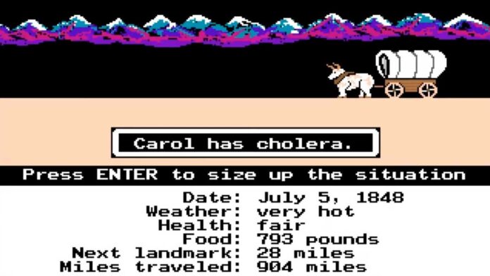 Computer games of the 80s - Screenshot from The Oregon Trail that says one of the passengers has cholera