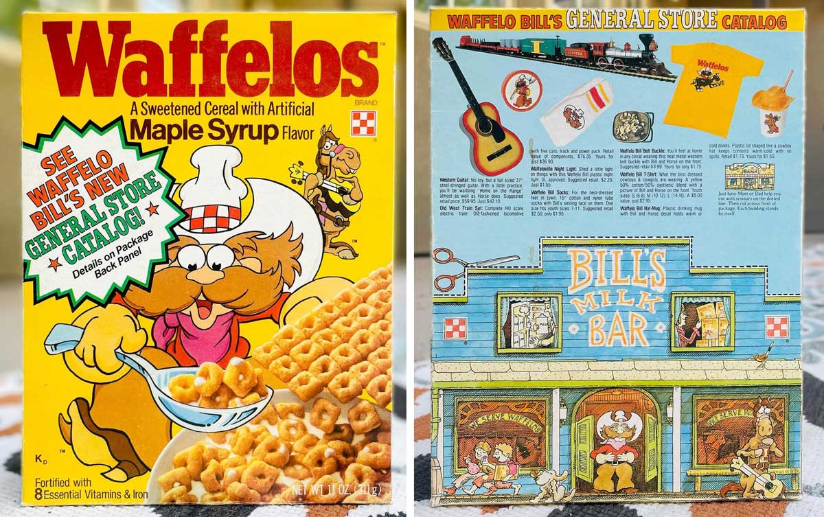 The front and back of a box of Waffelos cereal box that showcases a cartoon cowboy pouring out the maple syrup-flavored delight.