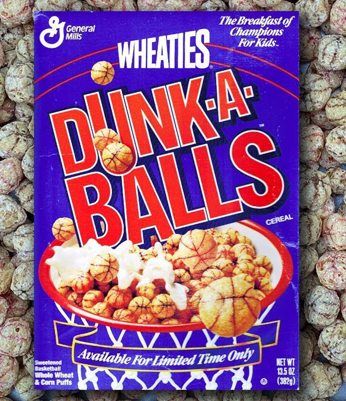 A box of Wheaties Dunk-A-Balls cereal, with basketball-shaped puffs, is surrounded by a playful swirl of similar puffs. This limited-time offer embraces the spirit of The Breakfast of Champions for Kids—a nostalgic nod to discontinued breakfast cereals.