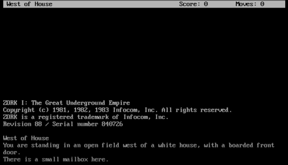 The opening moments of the game Zork I