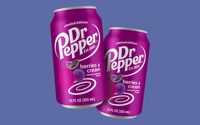 Two purple cans of Dr Pepper labeled Limited Edition with berries & cream flavor. The cans feature berries and a swirl design. They are set against a solid blue background.