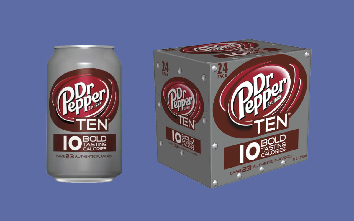 A Dr Pepper TEN can and a 24-pack box are displayed against a blue background. Both feature the Dr Pepper TEN logo and highlight 10 bold tasting calories with Same 23 authentic flavors written below.