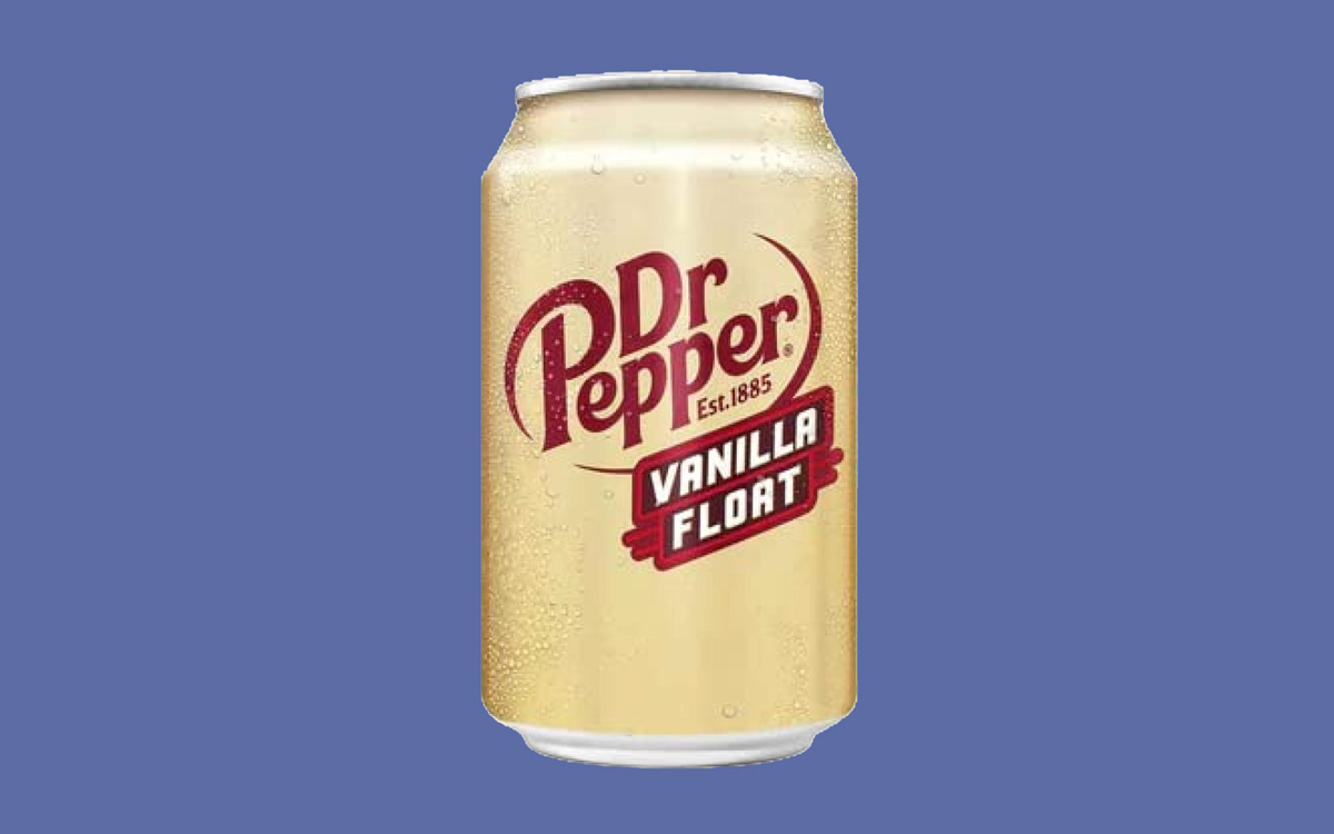 A can of Dr Pepper Vanilla Float soda with a beige label featuring the logo and flavor name in red text. The background is a solid blue.