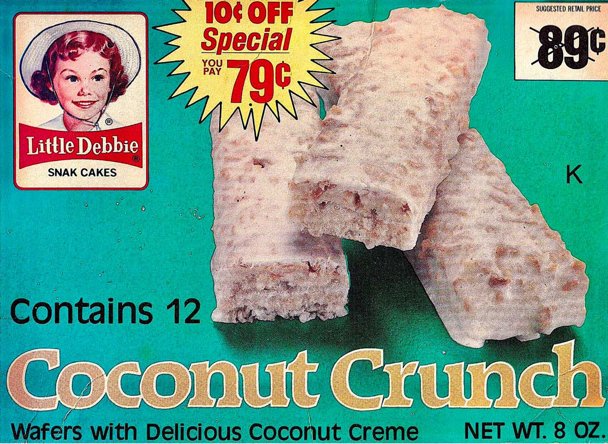 Vintage advertisement for Little Debbies Coconut Crunch snack cakes. The image features three wafer bars and advertises a 79-cent special price. Includes a picture of a smiling child and mentions the package contains 12 pieces, net weight 8 oz.