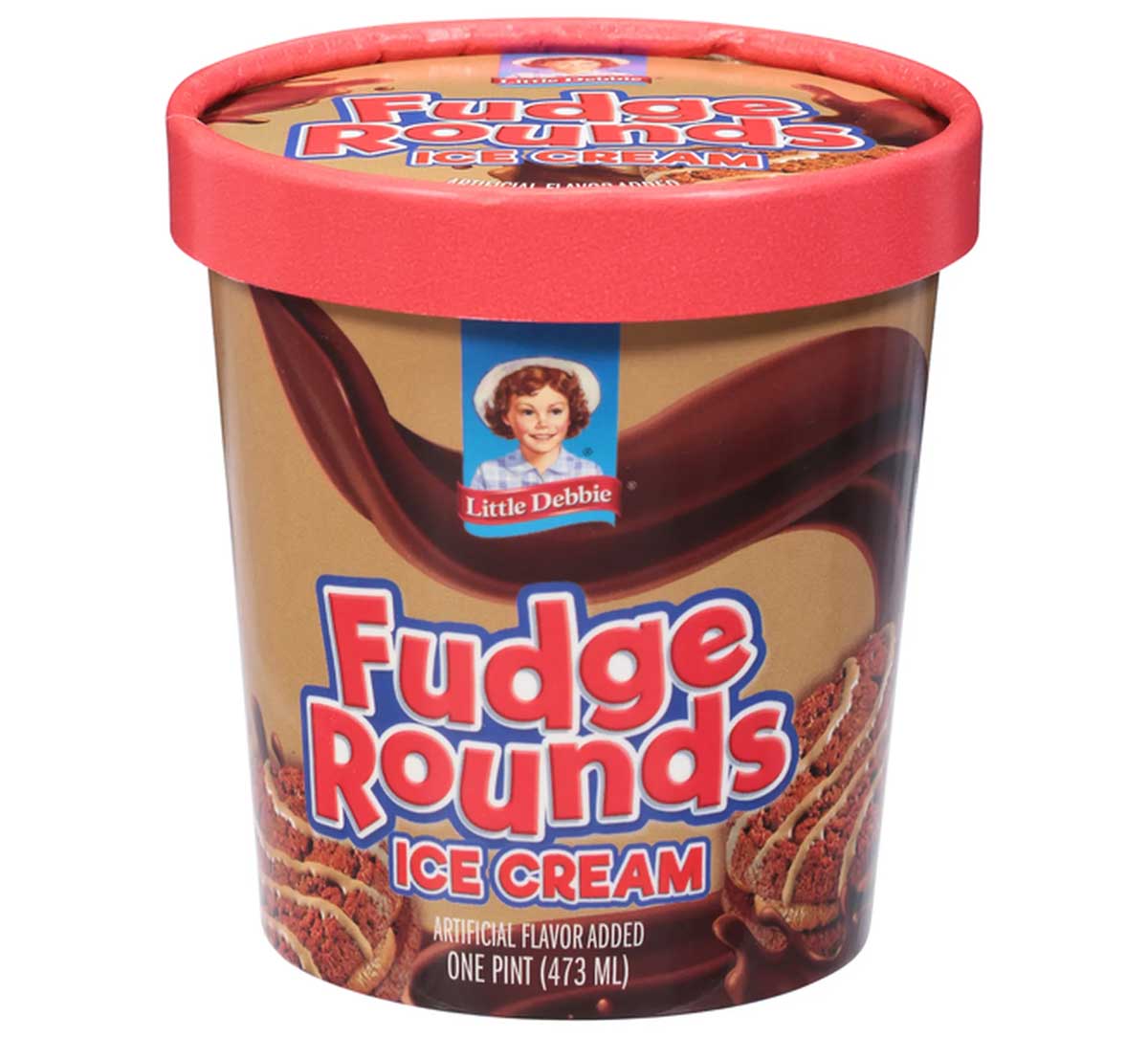 A pint container of Little Debbie Fudge Rounds Ice Cream with a red lid. The label features the Little Debbie logo and images of fudge rounds on a chocolate background. The text reads Fudge Rounds Ice Cream with a net weight of 473 ml.