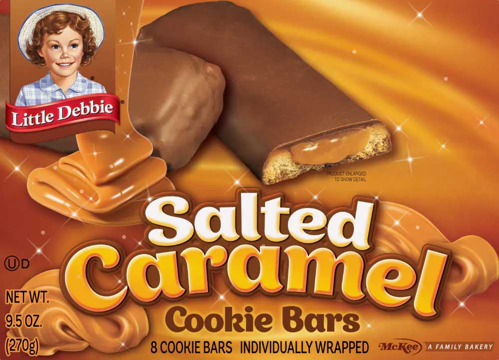 Packaging image of Little Debbie Salted Caramel Cookie Bars. It shows the product name in large text with illustrations of chocolate-covered bars and caramel. The box contains eight individually wrapped cookie bars, weighing 9.5 oz total.