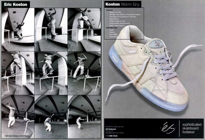 A collage featuring black-and-white skateboarding action shots on the left and a detailed color photo of a light gray Eric Koston skate shoe with product details on the right.