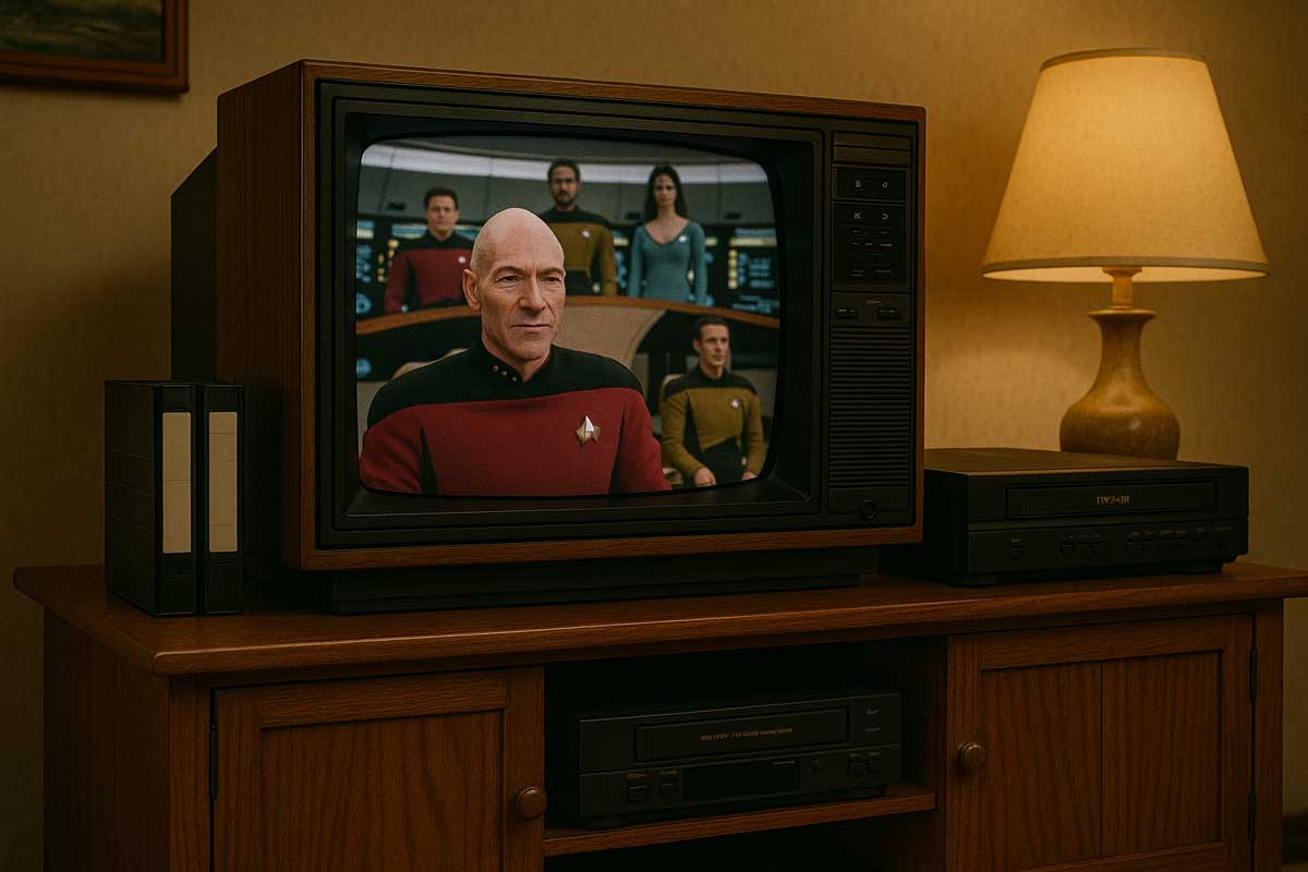 A vintage television on a wooden stand displays a scene from Star Trek: The Next Generation, with characters in Starfleet uniforms on the screen. A lamp and VHS tapes are beside the TV.