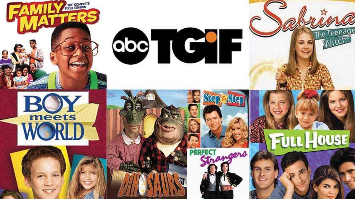 Collage of 1990s ABC TGIF TV shows, including Family Matters, Sabrina the Teenage Witch, Boy Meets World, Dinosaurs, Step by Step, Perfect Strangers, and Full House, with the ABC TGIF logo in the center.