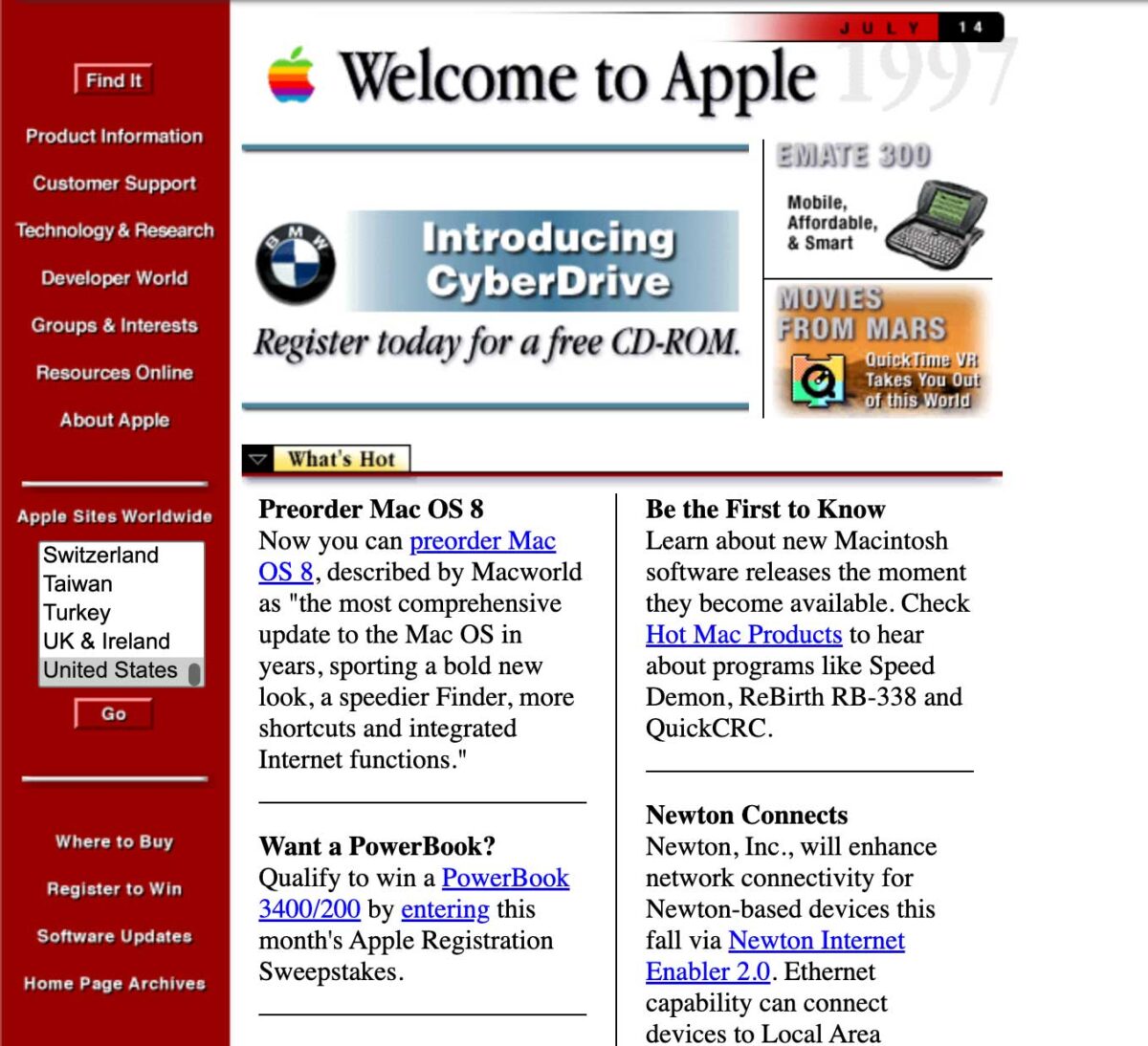 Screenshot of an old Apple website featuring Mac OS 8 preorder info, a CyberDrive CD-ROM ad, news about Newton Internet, and a menu with location options on the left side. The site has a retro 1990s design.