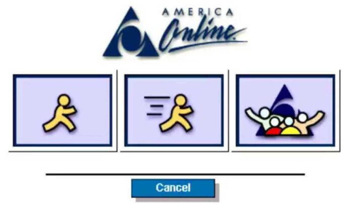 A retro America Online (AOL) login screen showing three icons: a running figure, a faster running figure, and three people with outstretched arms, above a blue Cancel button.