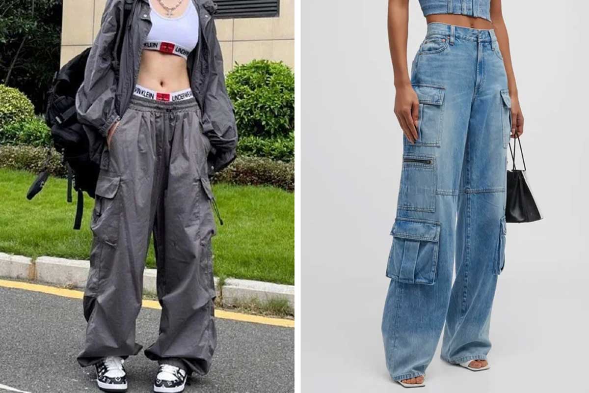 Two women are wearing baggy cargo pants; the left one wears gray pants, a matching jacket, and a white sports bra, while the right one wears light blue denim cargo pants with a crop top, holding a small black handbag.