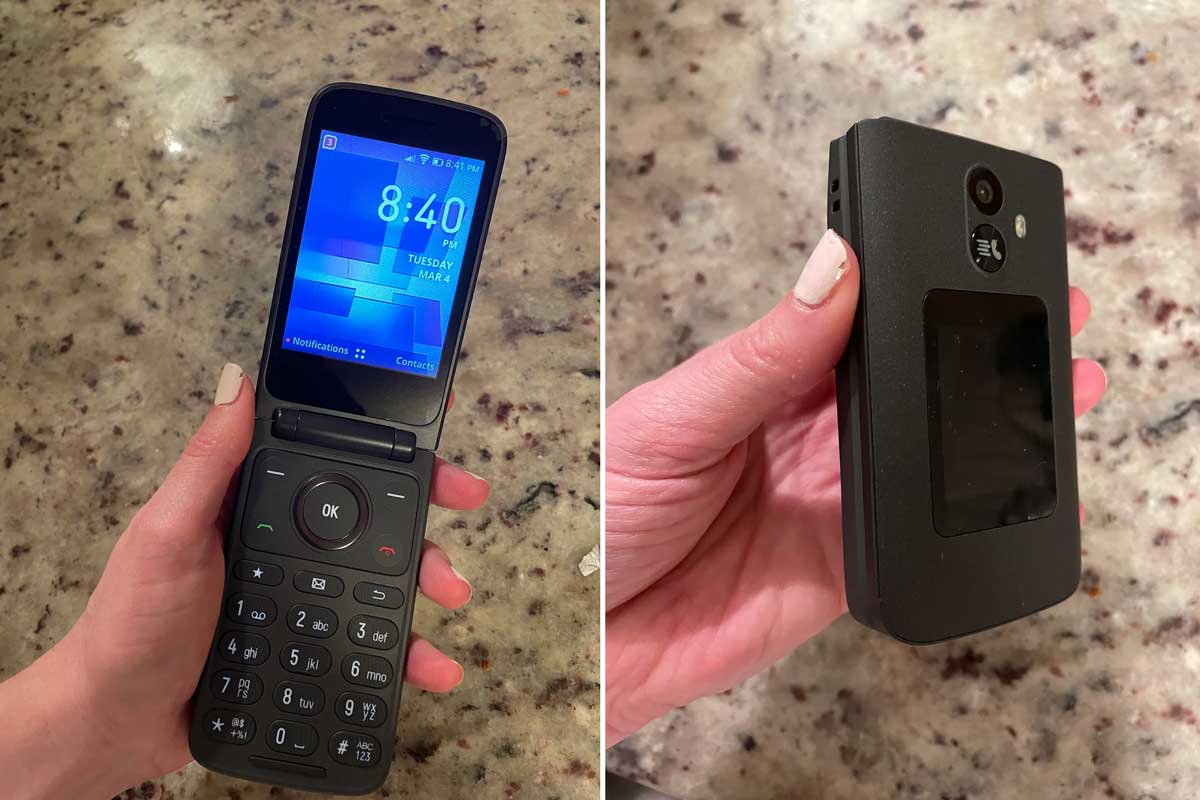 A hand holds a black flip phone with a lit screen displaying the time and date in one photo, and the closed back view of the phone in the other, both shown over a speckled countertop.