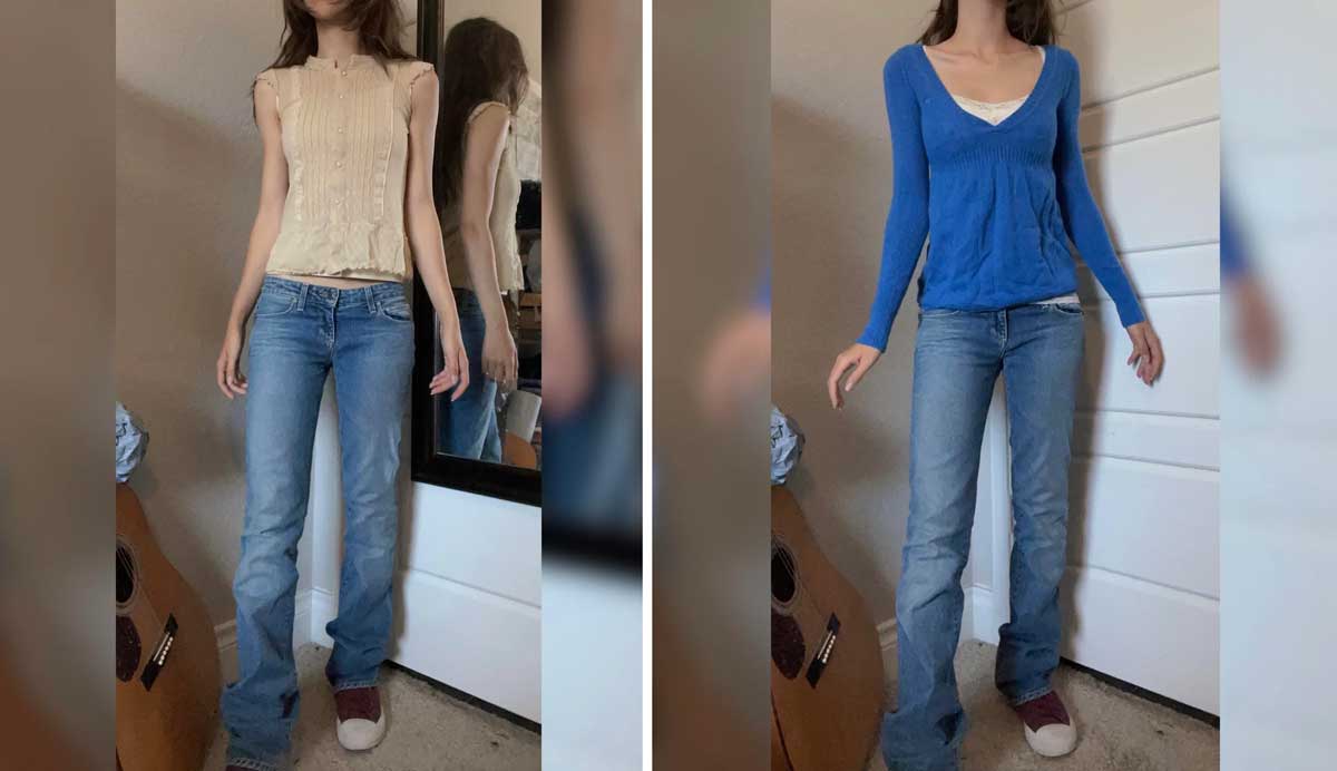 Two side-by-side photos show a person standing indoors wearing blue jeans and sneakers. In the left photo, they wear a beige sleeveless top; in the right, a blue long-sleeve sweater over a white undershirt.