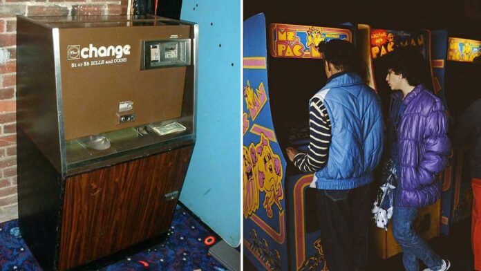 Split image: Left, a vintage change machine against a wall; right, two people stand at classic Ms. Pac-Man arcade machines in a dimly lit arcade.