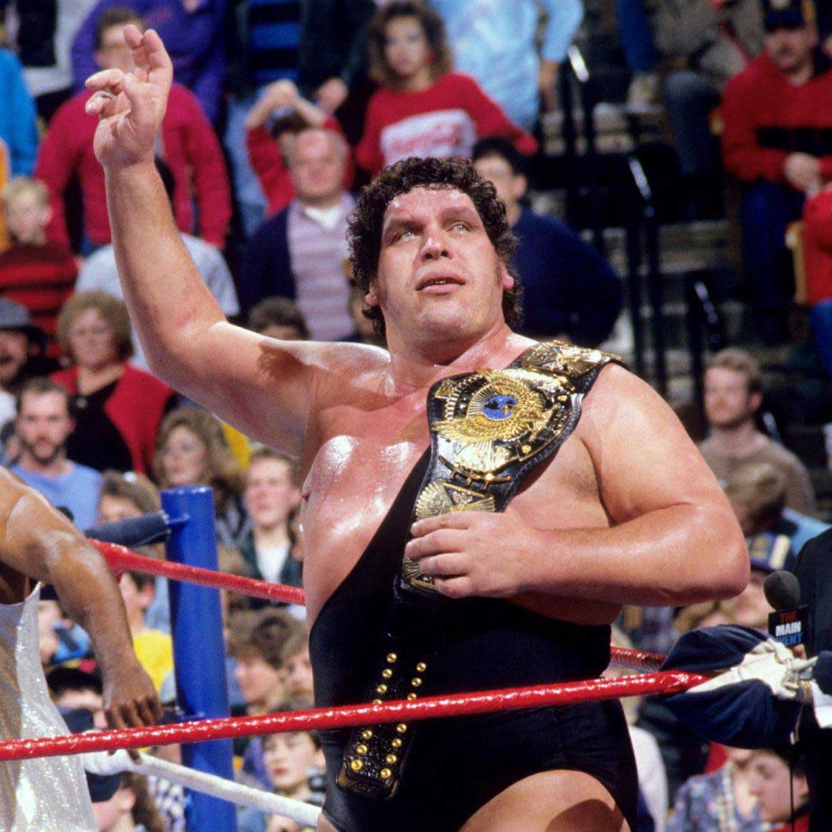 Andre the Giant wearing a black singlet and a championship belt raises his hand in a crowded arena, with spectators watching from the stands.