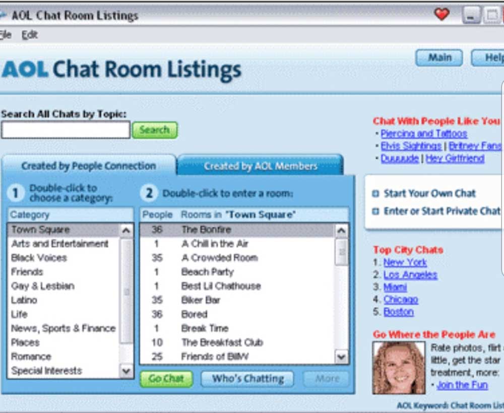 Screenshot of an AOL Chat Room Listings page showing chat categories, a list of chat rooms, search options, and sections for top city chats, related links, and user profile suggestions.