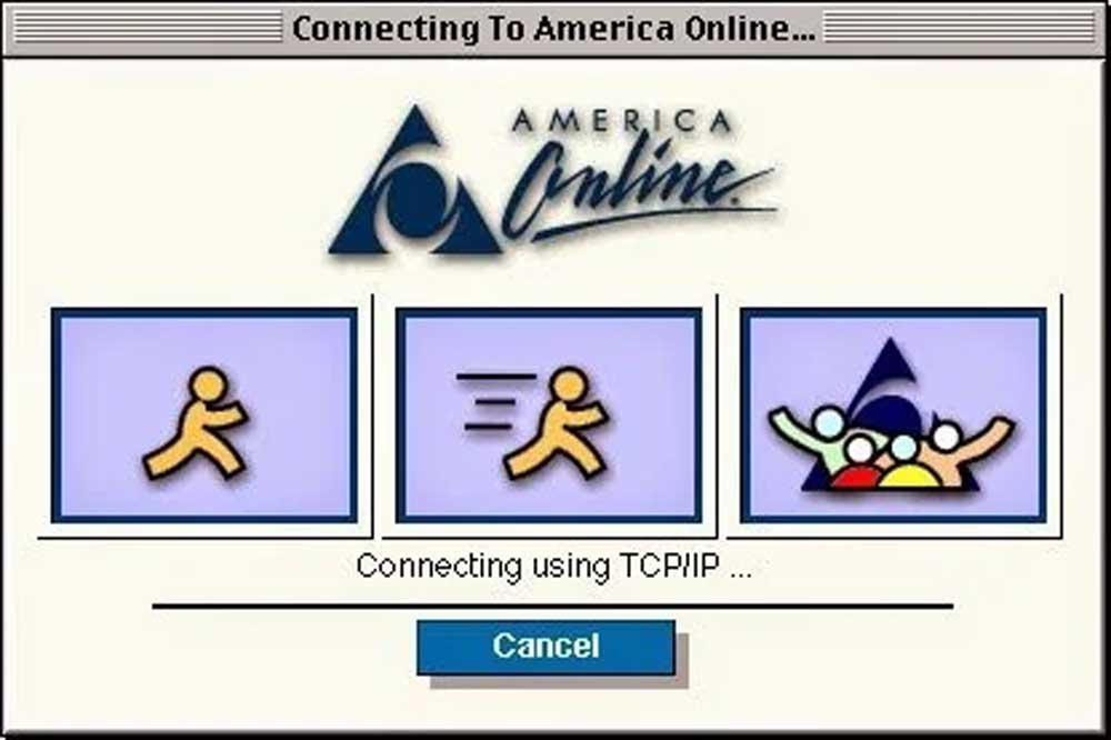 A vintage America Online (AOL) connection screen displays the AOL logo, three icons showing connection steps, the message Connecting using TCP/IP ..., and a blue Cancel button at the bottom.