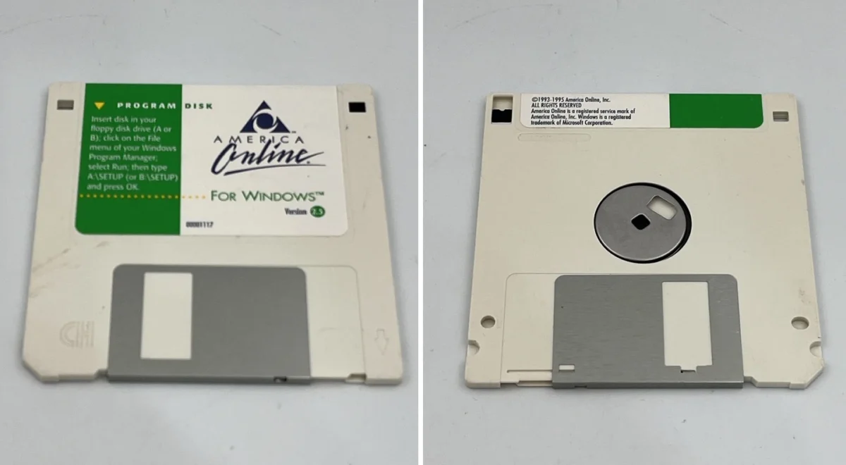 Two views of an old 3.5-inch floppy disk labeled America Online Program Disk for Windows version 2.5—front shows label and logo, back shows metal shutter and disk details on a white background.
