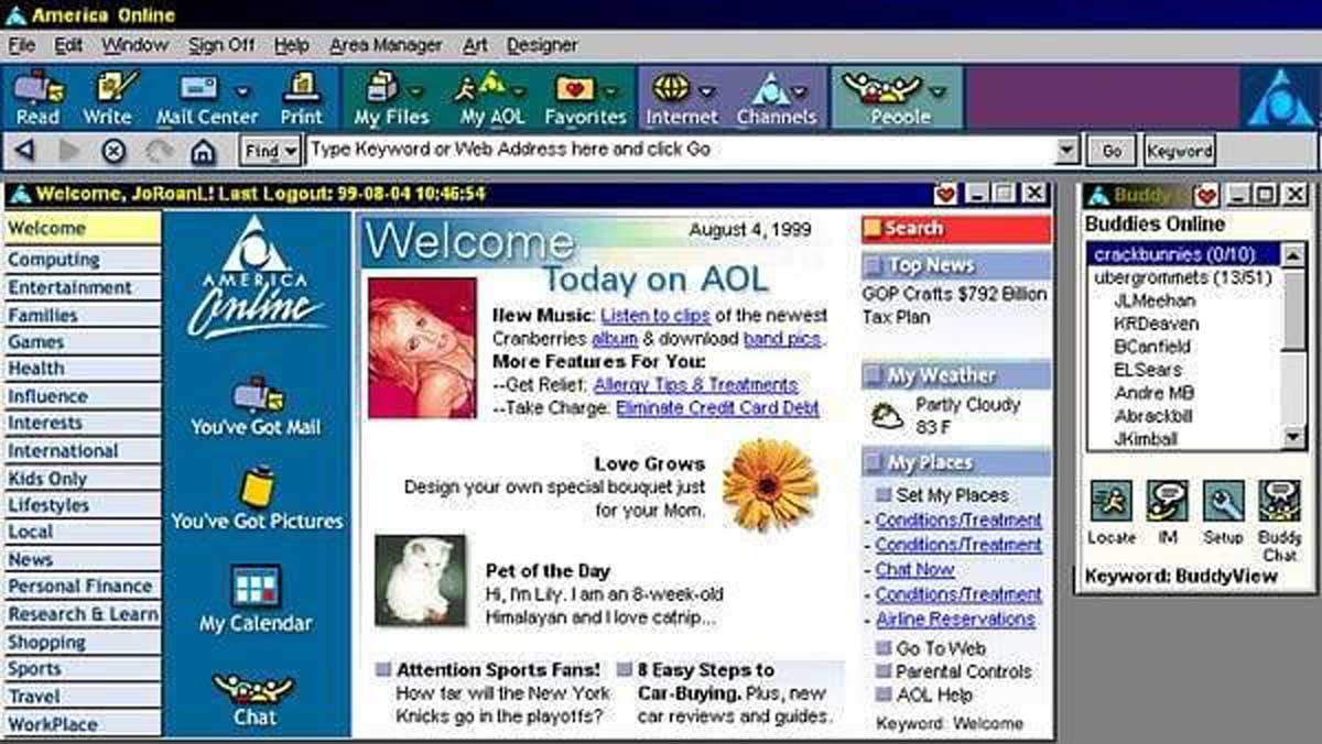 Screenshot of America Online (AOL) desktop interface featuring email, chat, web search, news, and buddy list windows, with colorful icons and a “Welcome” page displaying news, music links, and user options.