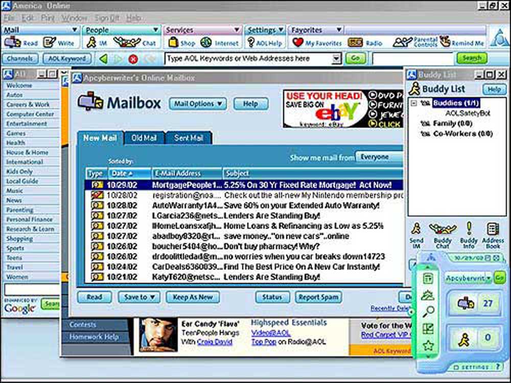 Screenshot of AOL’s classic email inbox interface from the early 2000s, showing unread spam emails, folders on the left, toolbar options at the top, and an AOL Instant Messenger buddy list window on the right.