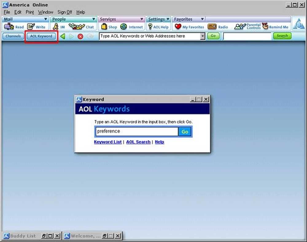 Screenshot of the America Online (AOL) desktop interface showing an open window titled Keyword where preference is typed in a search box, with navigation menus and icons visible in the background.