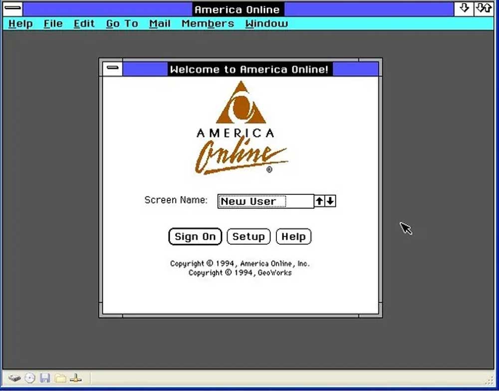 A 1990s computer screen displays the America Online welcome window, showing options to create a new user, sign on, set up, or get help, with a classic grey background and blue menu bar.